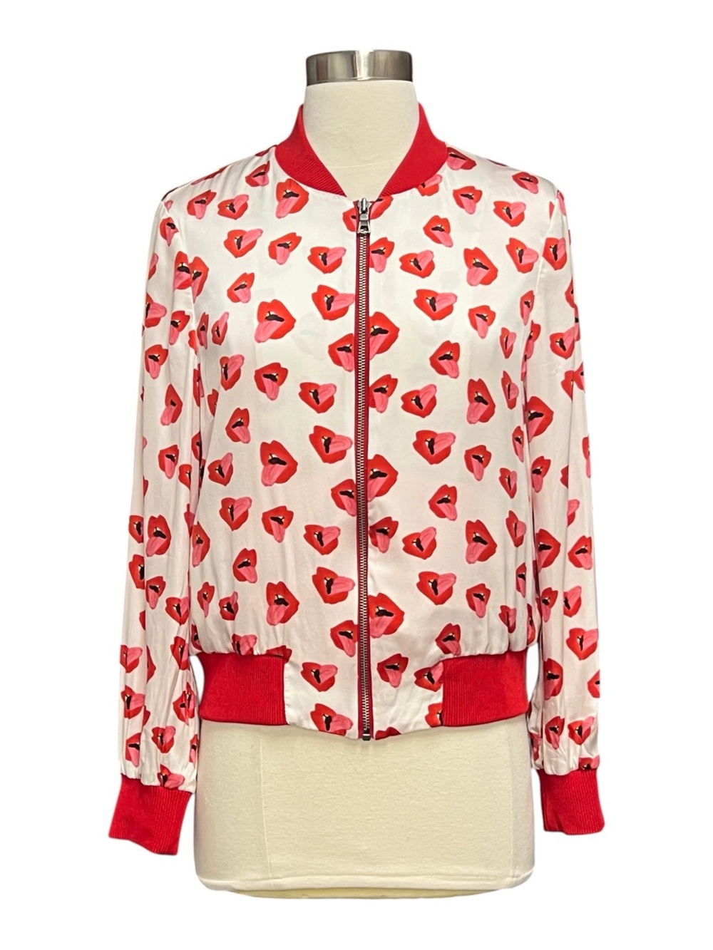 Alice + Olivia Graphic Print Silk Bomber Jacket